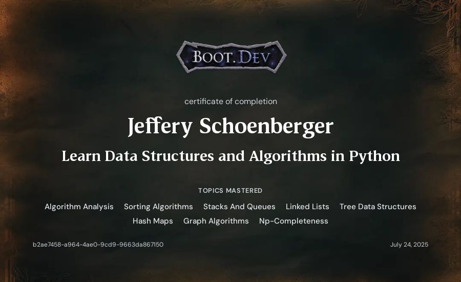 Jeff Schoenberger's Boot.dev Learn Data Structures and Algorithms in Python certificate