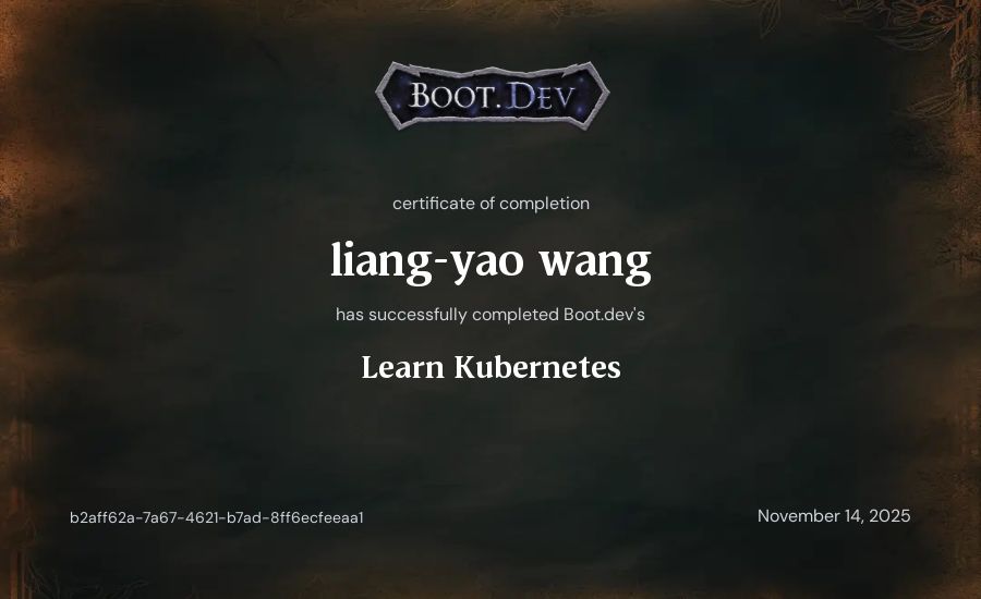 liang-yao wang's Boot.dev Learn Kubernetes certificate