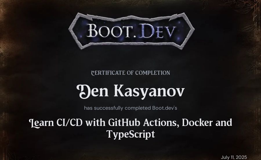 Den Kasyanov's Boot.dev Learn CI/CD with GitHub Actions, Docker and TypeScript certificate