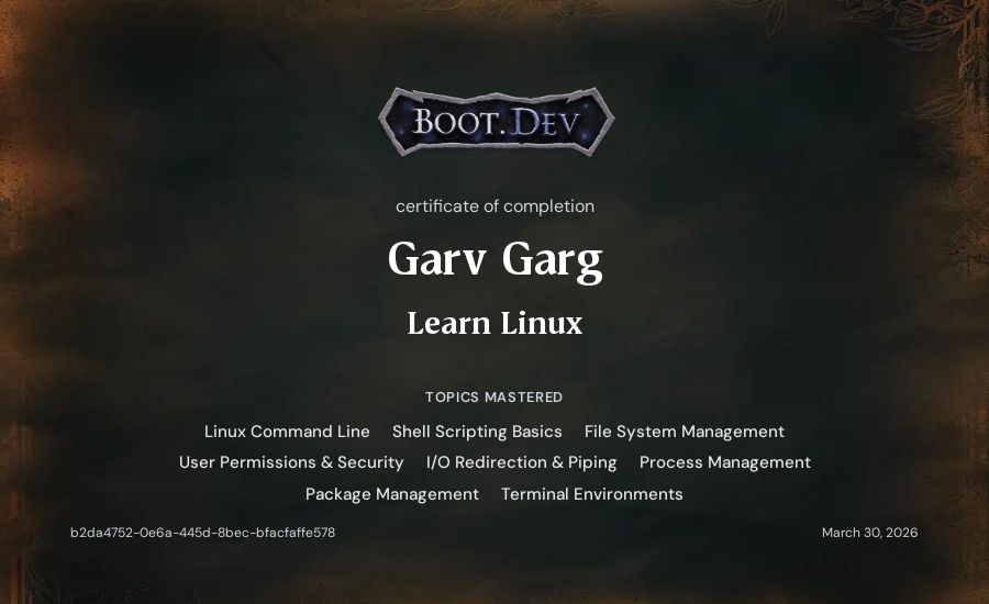 Garv Garg's Boot.dev Learn Linux certificate