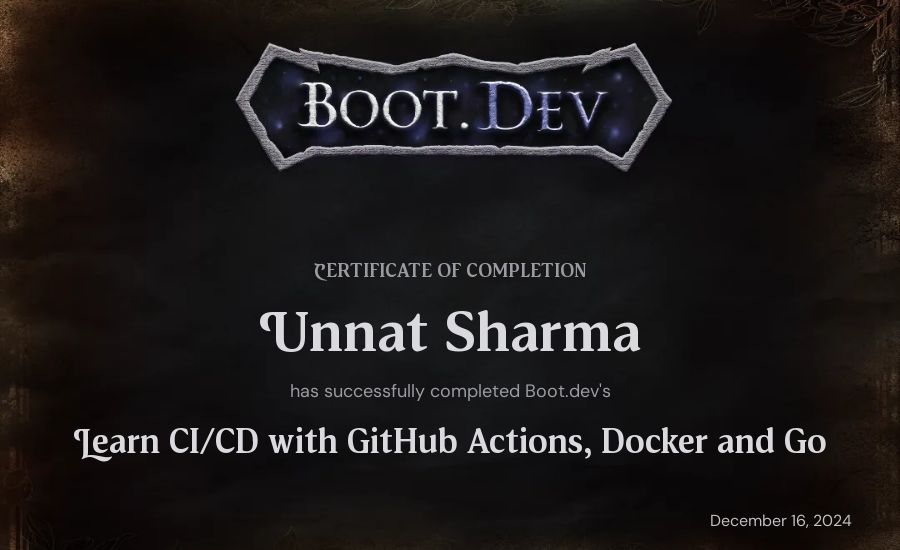 Unnat Sharma's Boot.dev Learn CI/CD with GitHub Actions, Docker and Go certificate