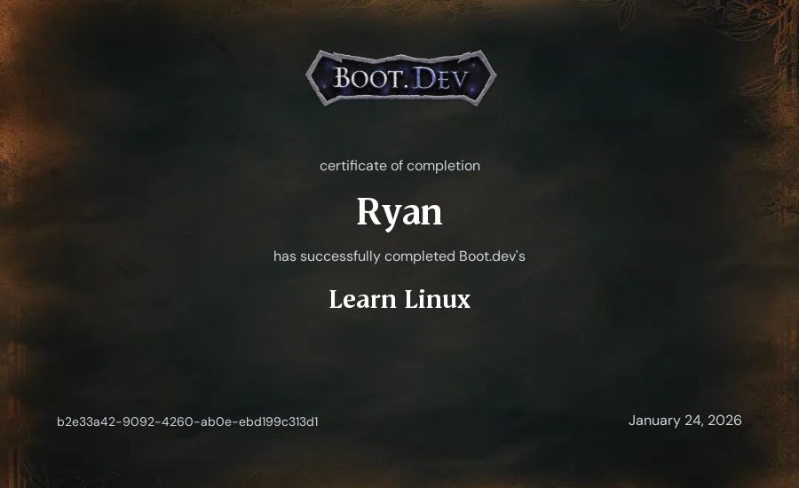 Ryan's Boot.dev Learn Linux certificate