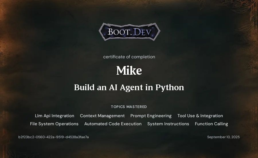 Mike's Boot.dev Build an AI Agent in Python certificate