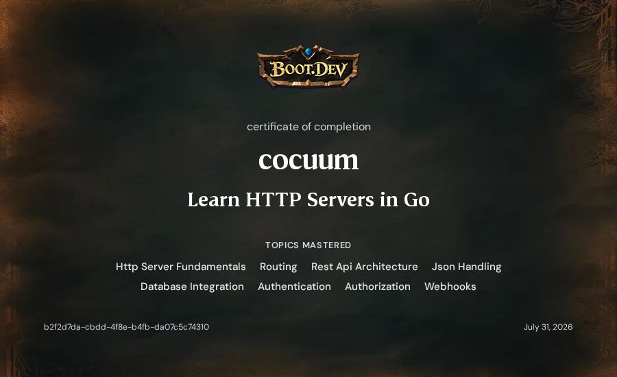 cocuum's Boot.dev Learn HTTP Servers in Go certificate