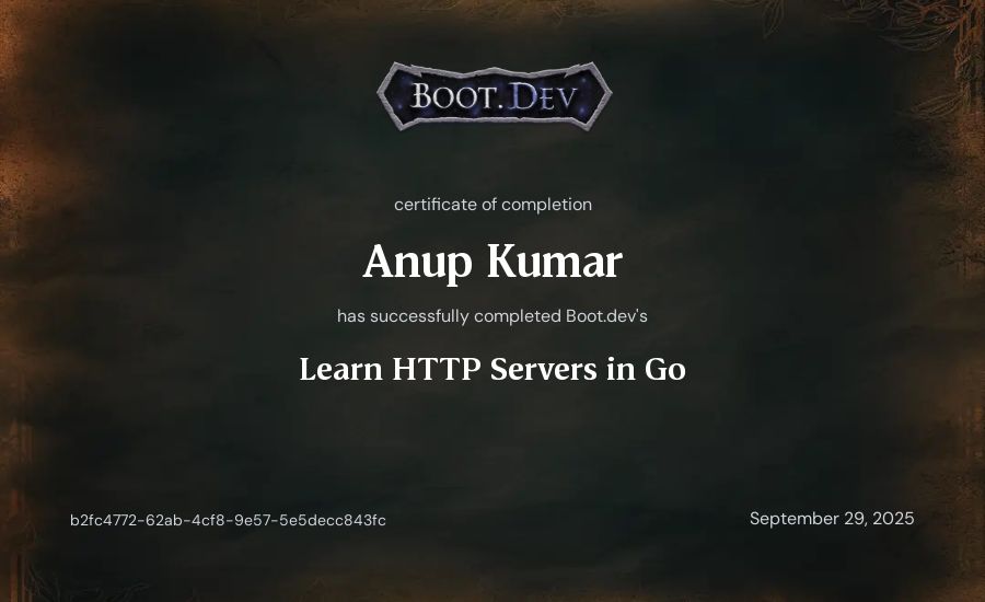 snowiee's Boot.dev Learn HTTP Servers in Go certificate