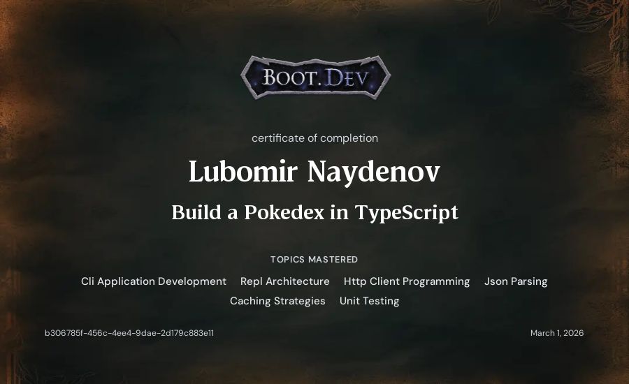 Lubomir Naydenov's Boot.dev Build a Pokedex in TypeScript certificate