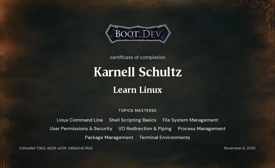 Karnell Schultz's Boot.dev Learn Linux certificate