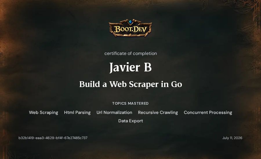 Javier B's Boot.dev Build a Web Scraper in Go certificate
