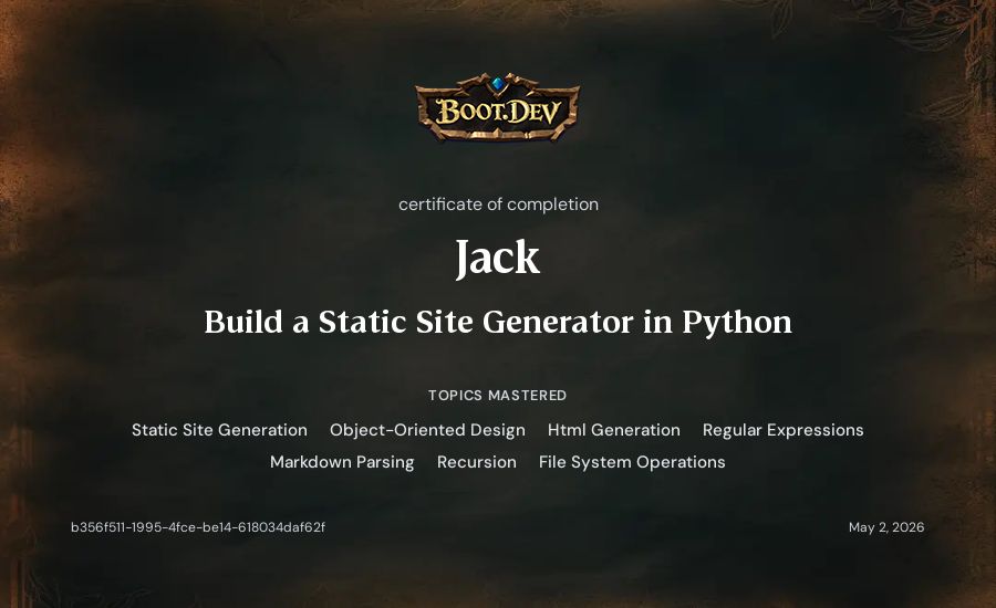 Jack's Boot.dev Build a Static Site Generator in Python certificate