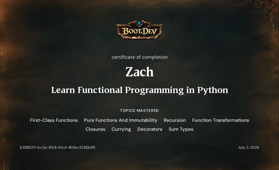 Zach's Boot.dev Learn Functional Programming in Python certificate