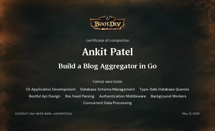 Ankit Patel's Boot.dev Build a Blog Aggregator in Go certificate