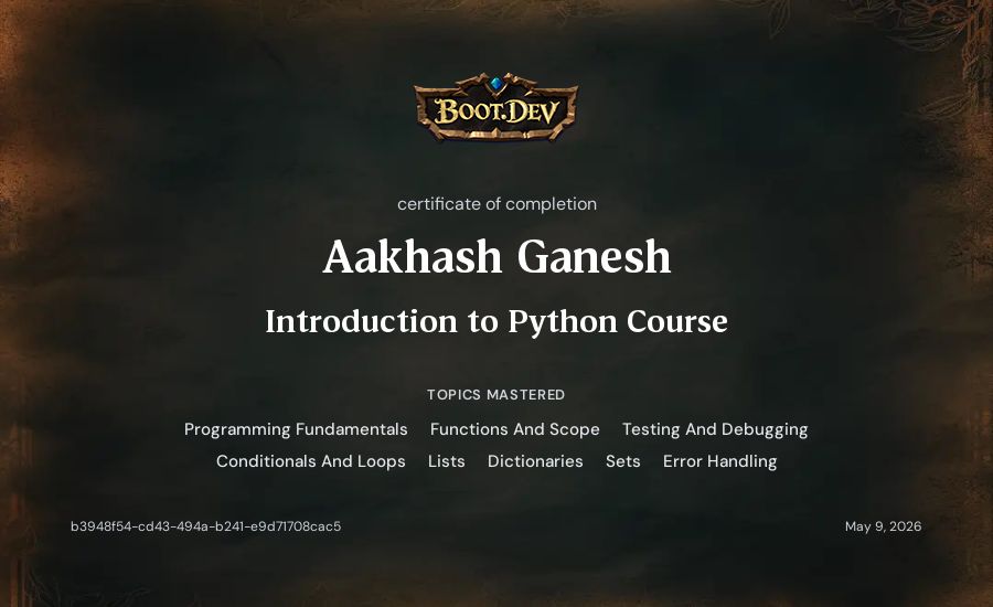 Aakhash Ganesh's Boot.dev Introduction to Python Course certificate