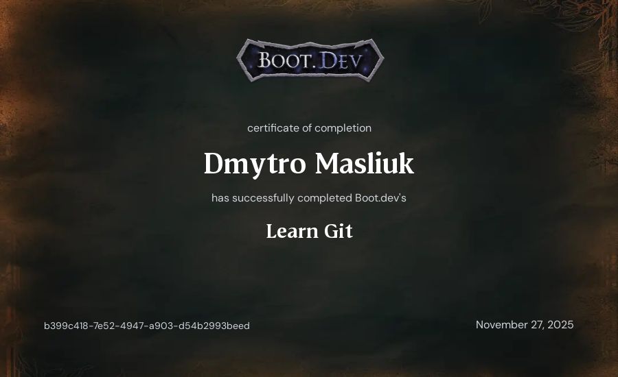 Dmytro Masliuk's Boot.dev Learn Git certificate