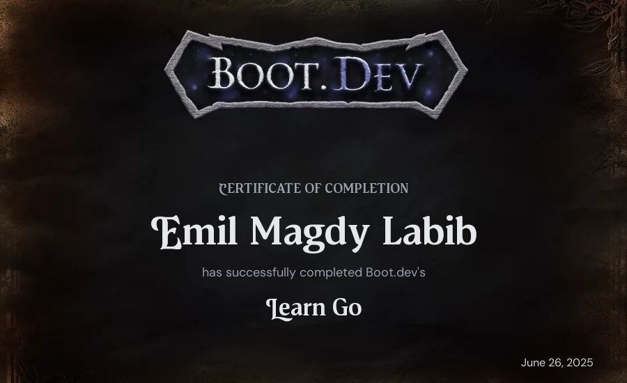Emil Magdy Labib's Boot.dev Learn Go certificate