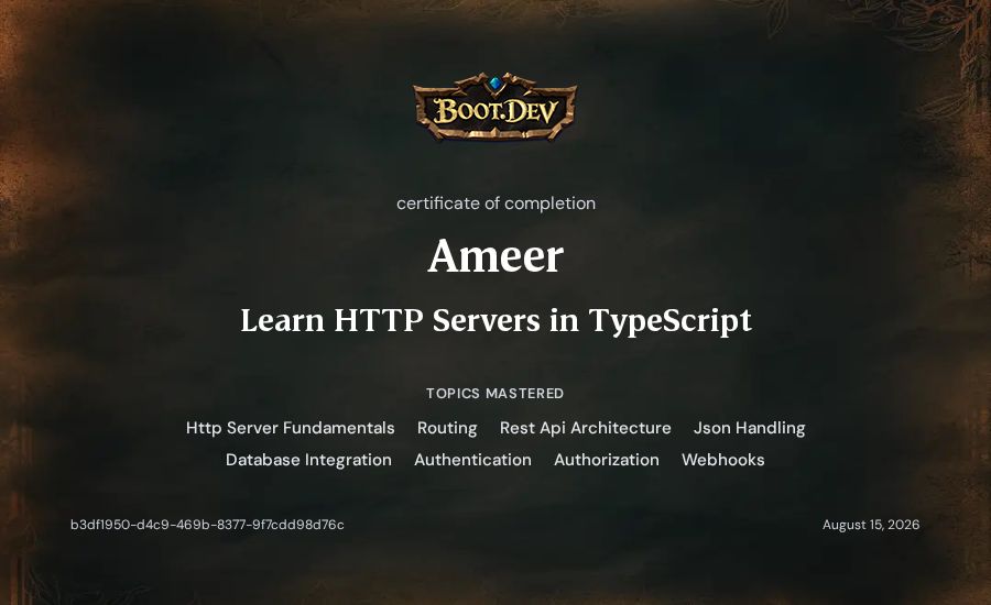 Ameer's Boot.dev Learn HTTP Servers in TypeScript certificate