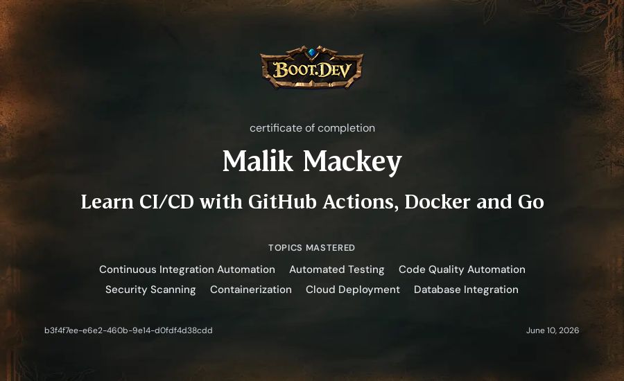 Malik Mackey's Boot.dev Learn CI/CD with GitHub Actions, Docker and Go certificate