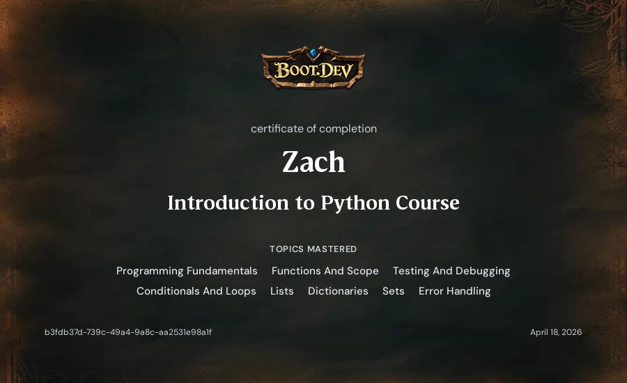 Zach's Boot.dev Introduction to Python Course certificate
