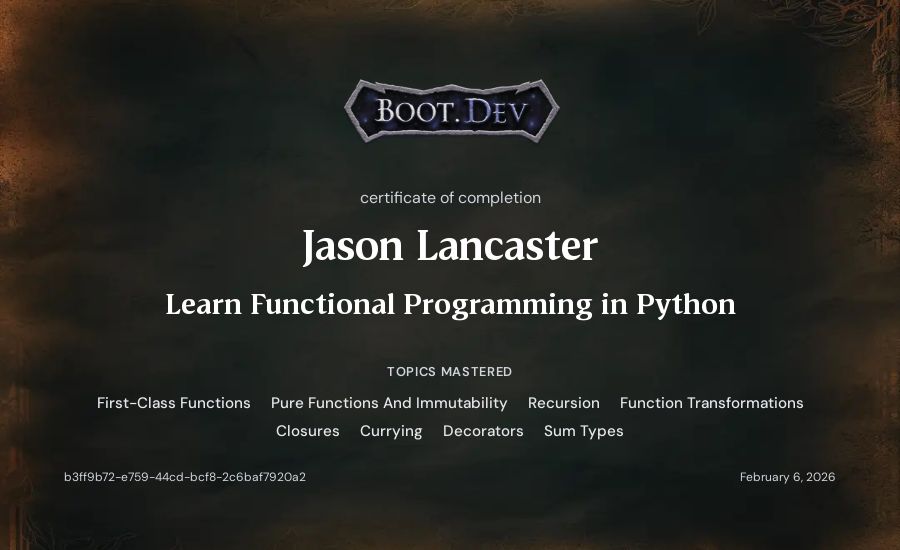 Jason Lancaster's Boot.dev Learn Functional Programming in Python certificate