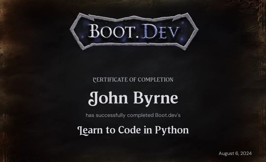John Byrne's Boot.dev Introduction to Python Course certificate