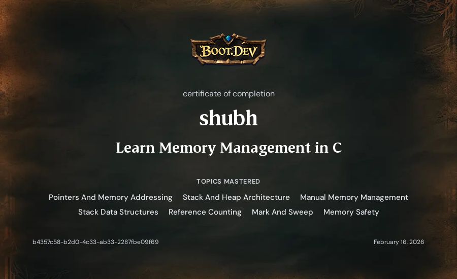 shubh's Boot.dev Learn Memory Management in C certificate
