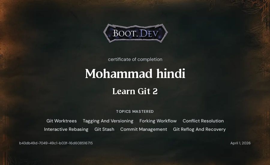 Mohammad hindi's Boot.dev Learn Git 2 certificate