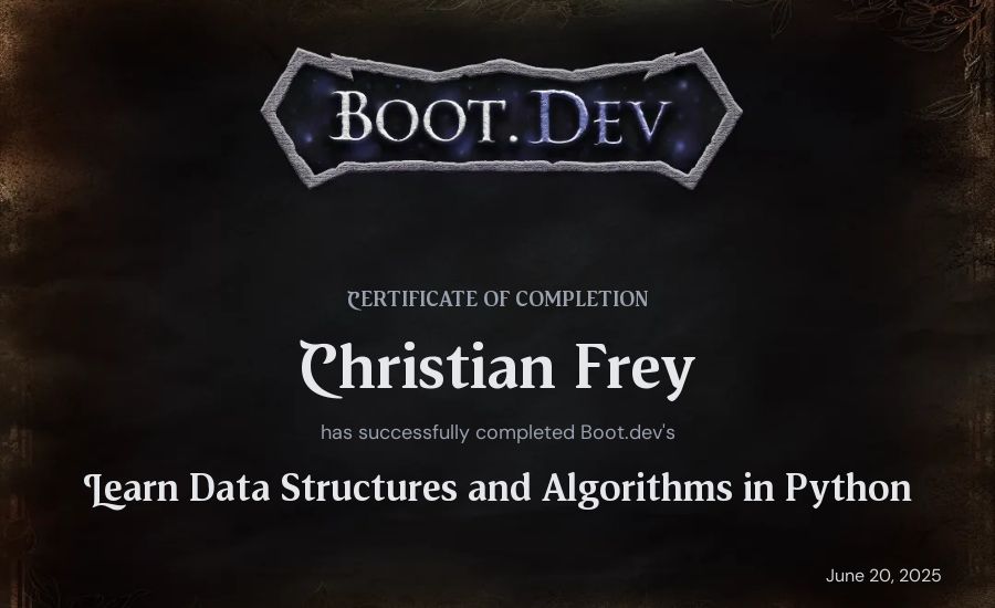 Christian Frey's Boot.dev Learn Data Structures and Algorithms in Python certificate