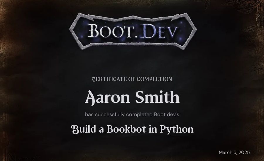 Aaron Smith's Boot.dev Build a BookBot in Python certificate