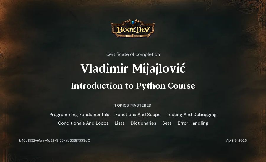 Vladimir Mijajlović's Boot.dev Introduction to Python Course certificate