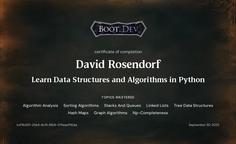 Dorf's Boot.dev Learn Data Structures and Algorithms in Python certificate