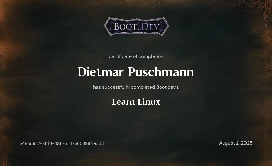 Dietmar Puschmann's Boot.dev Learn Linux certificate