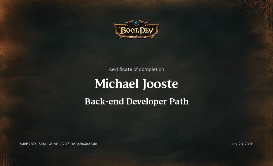 Michael Jooste's Boot.dev Back-end Developer Path certificate