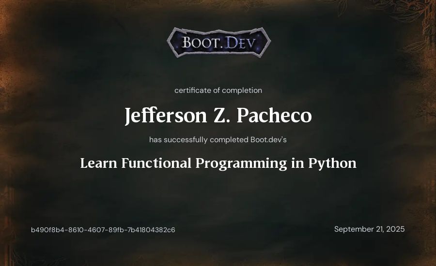 Jefferson Z. Pacheco's Boot.dev Learn Functional Programming in Python certificate
