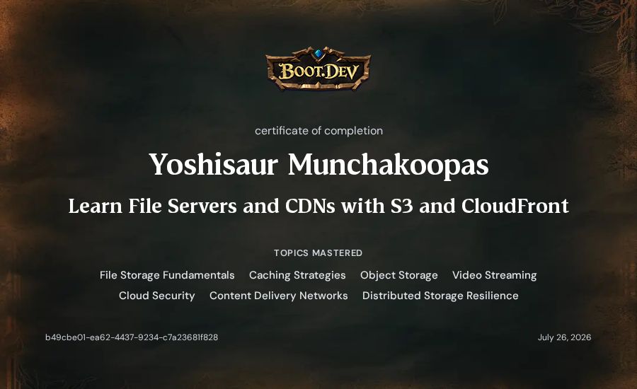 Yoshisaur Munchakoopas's Boot.dev Learn File Servers and CDNs with S3 and CloudFront certificate