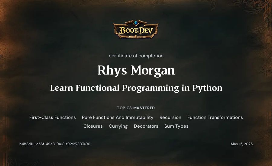 Rhys Morgan's Boot.dev Learn Functional Programming in Python certificate