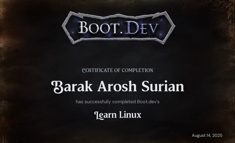 Barak Arosh Surian's Boot.dev Learn Linux certificate