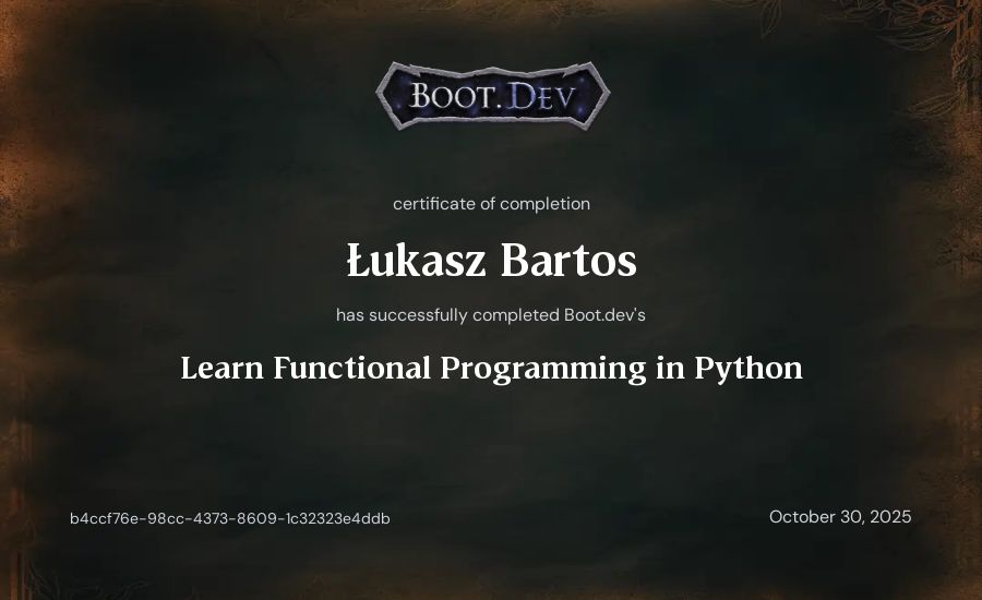 Łukasz Bartos's Boot.dev Learn Functional Programming in Python certificate