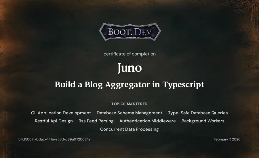 Juno's Boot.dev Build a Blog Aggregator in TypeScript certificate
