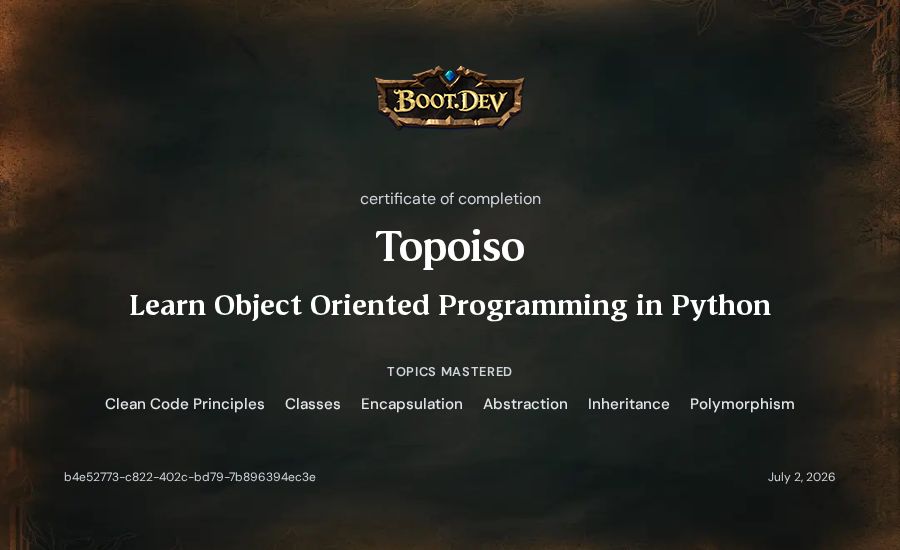 Topoiso's Boot.dev Learn Object Oriented Programming in Python certificate