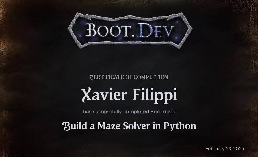 Xavier Filippi's Boot.dev Build a Maze Solver in Python certificate