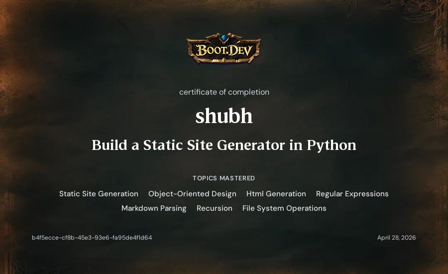 shubh's Boot.dev Build a Static Site Generator in Python certificate