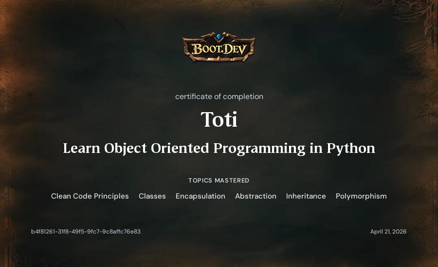 Toti's Boot.dev Learn Object Oriented Programming in Python certificate