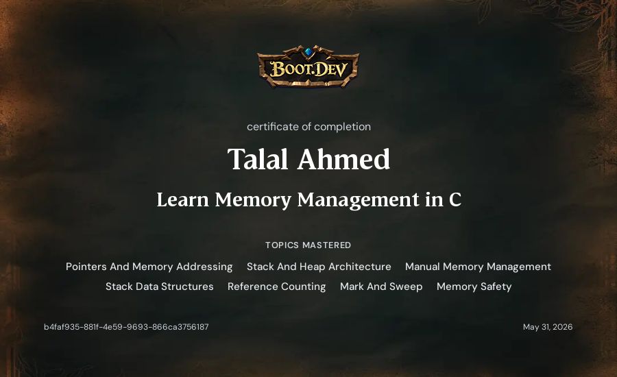 Talal Ahmed's Boot.dev Learn Memory Management in C certificate