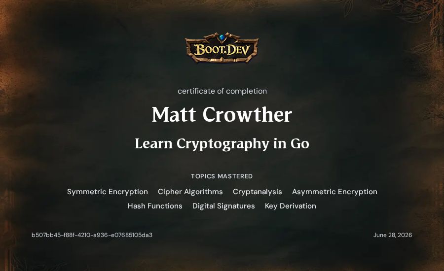 Matt Crowther's Boot.dev Learn Cryptography in Go certificate
