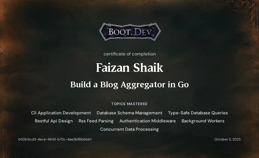 Faizan Shaik's Boot.dev Build a Blog Aggregator in Go certificate