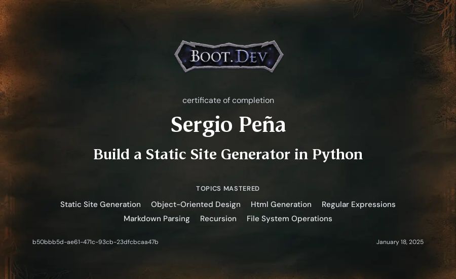 Sergio Peña's Boot.dev Build a Static Site Generator in Python certificate