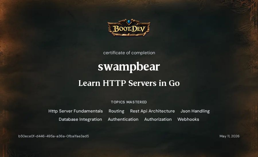 swampbear's Boot.dev Learn HTTP Servers in Go certificate