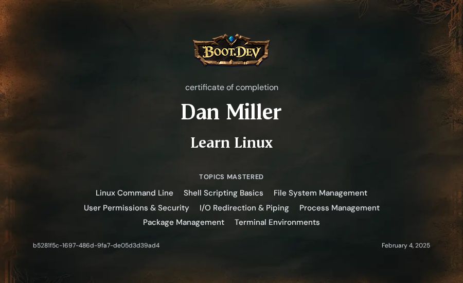 Dan Miller's Boot.dev Learn Linux certificate