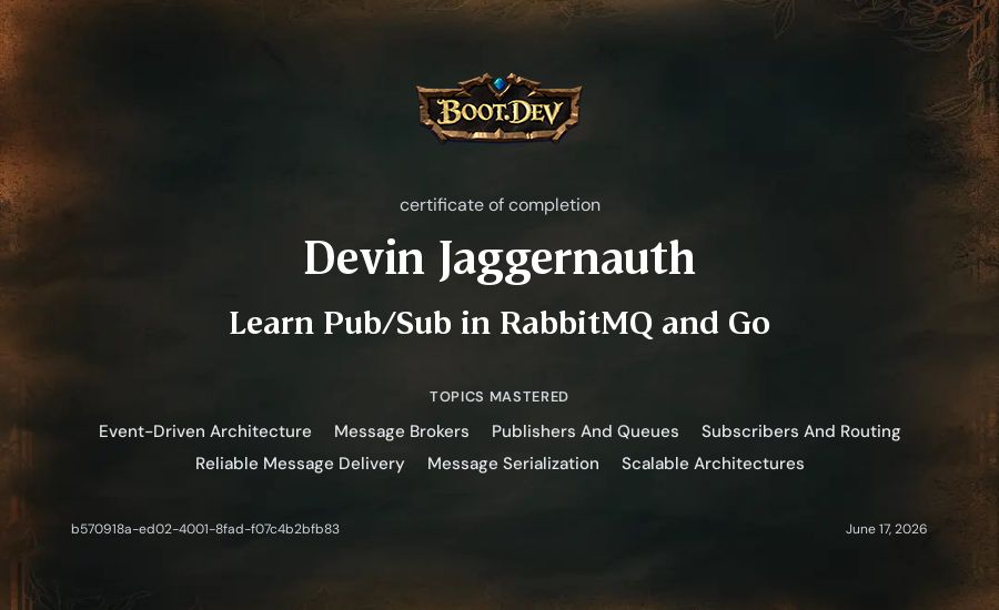 Devin Jaggernauth's Boot.dev Learn Pub/Sub in RabbitMQ and Go certificate