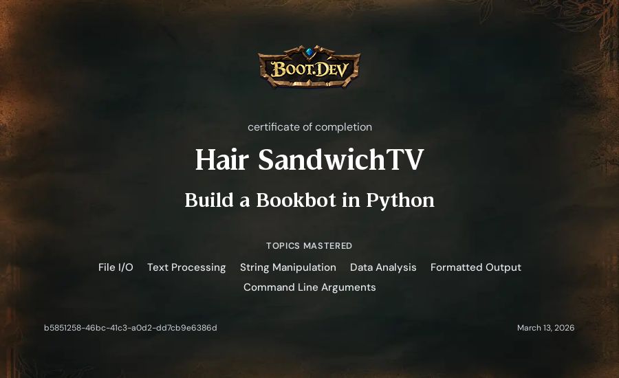 Hair SandwichTV's Boot.dev Build a BookBot in Python certificate