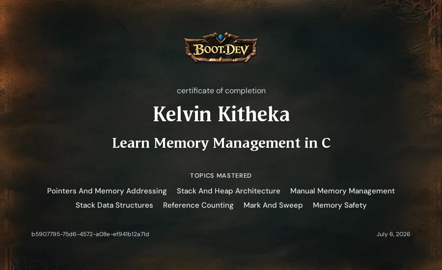 Kelvin Kitheka's Boot.dev Learn Memory Management in C certificate